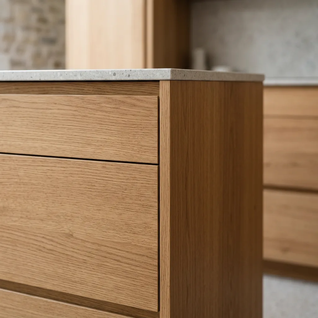 Finished bonded laminate kitchen cabinet detail with clean seamless edge