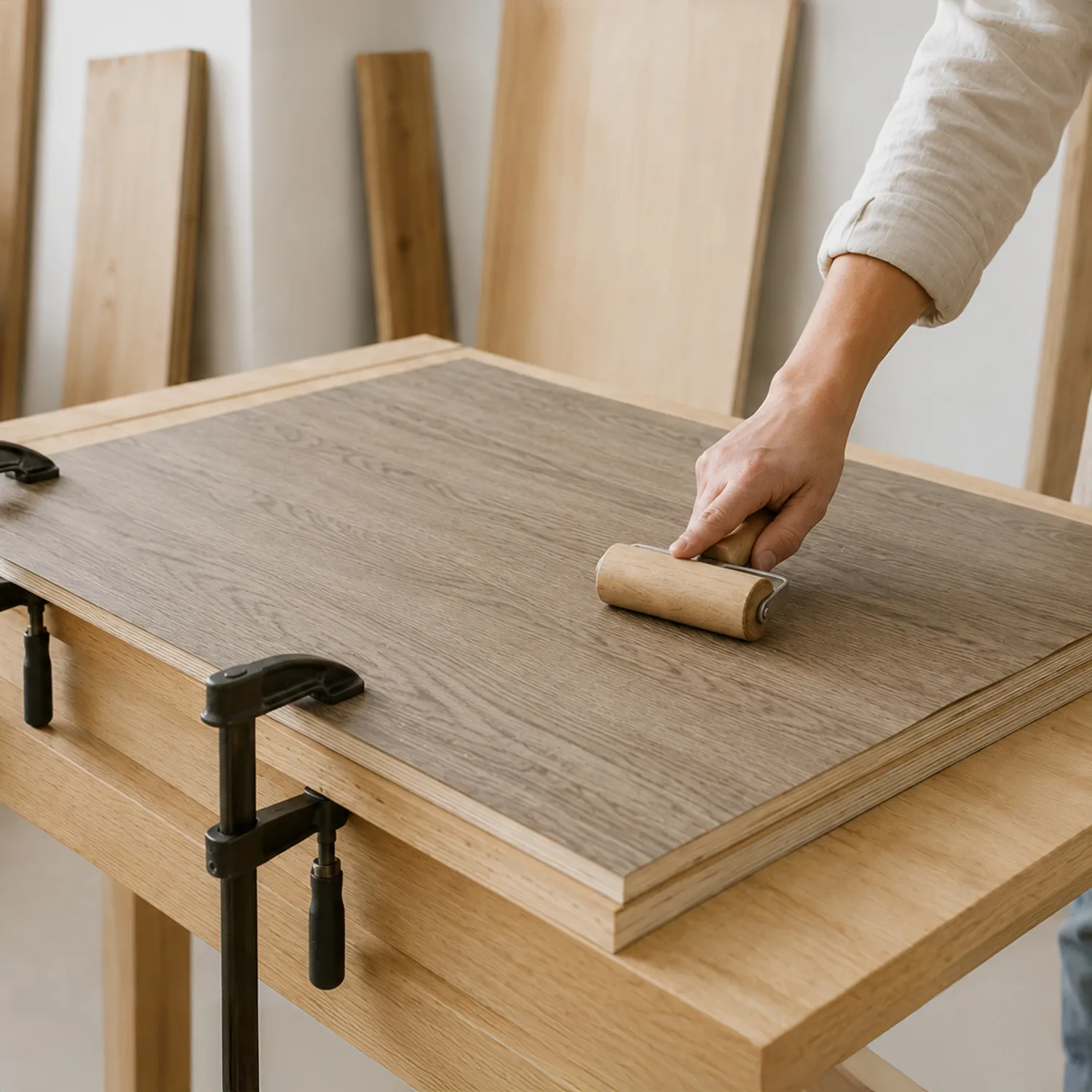 Aligning clean laminate sheet and pressing onto plywood substrate