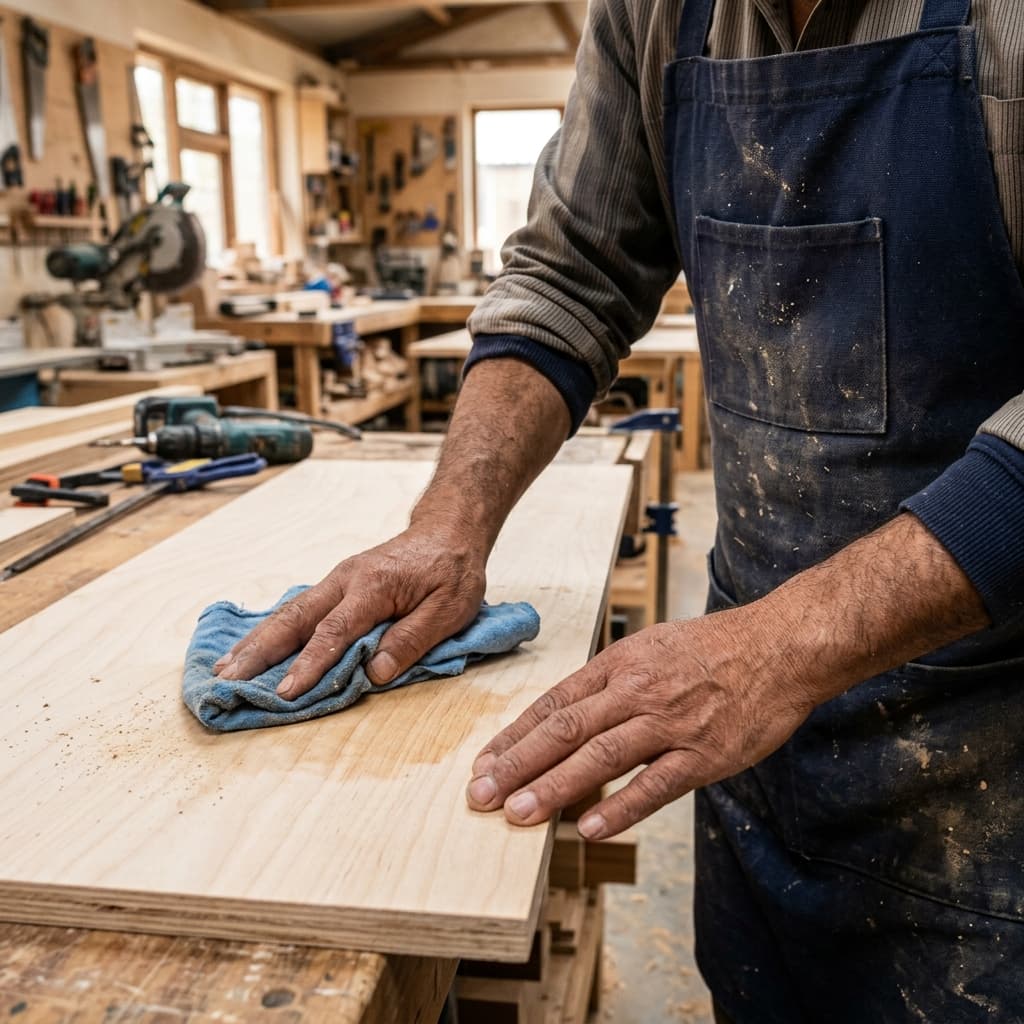 Nepali carpenter preparing and cleaning plywood sheet surface