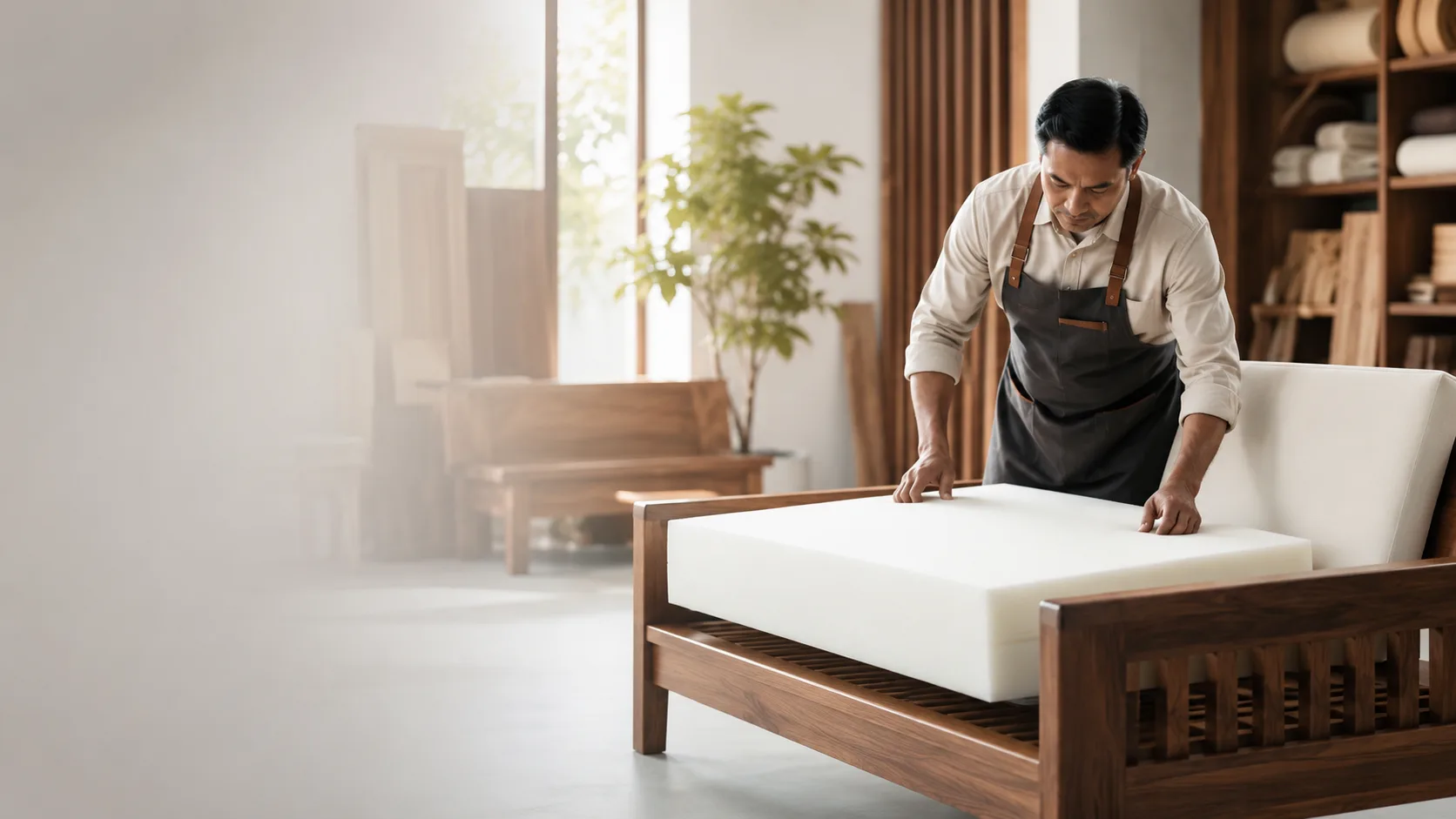 Nepali furniture craftsman arranging foam layers for a sofa cushion